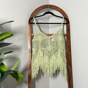 Vivid MEDIUM Sage Green 100% Acrylic Sleeveless Crochet Fringed Top